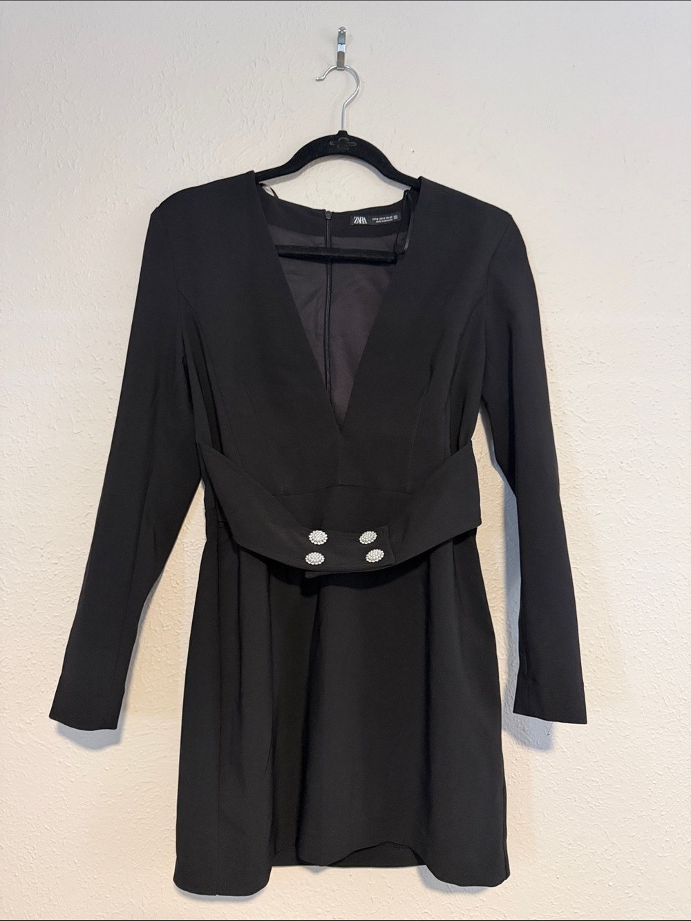Zara Black Plunge Neck Mini Dress with Decorative Belt